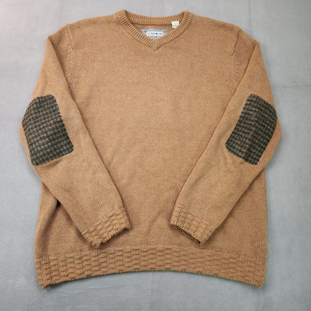 32 Bar Blues Sweater Men's L Brown Chunky‎ Knit Elbow Patches V-Neck Fisherman